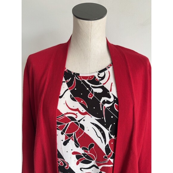 Alfred Dunner Red & Black Floral Rhinestones 2 pc connected top & cardigan M - Picture 4 of 12